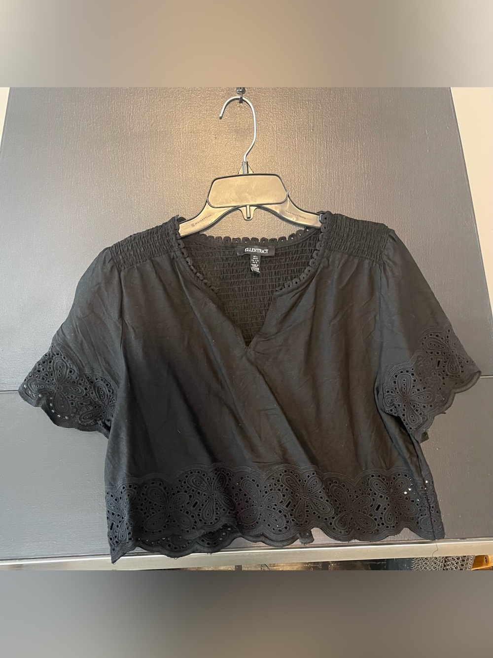 Black Eyelet Smocked Neck Cropped Blouse